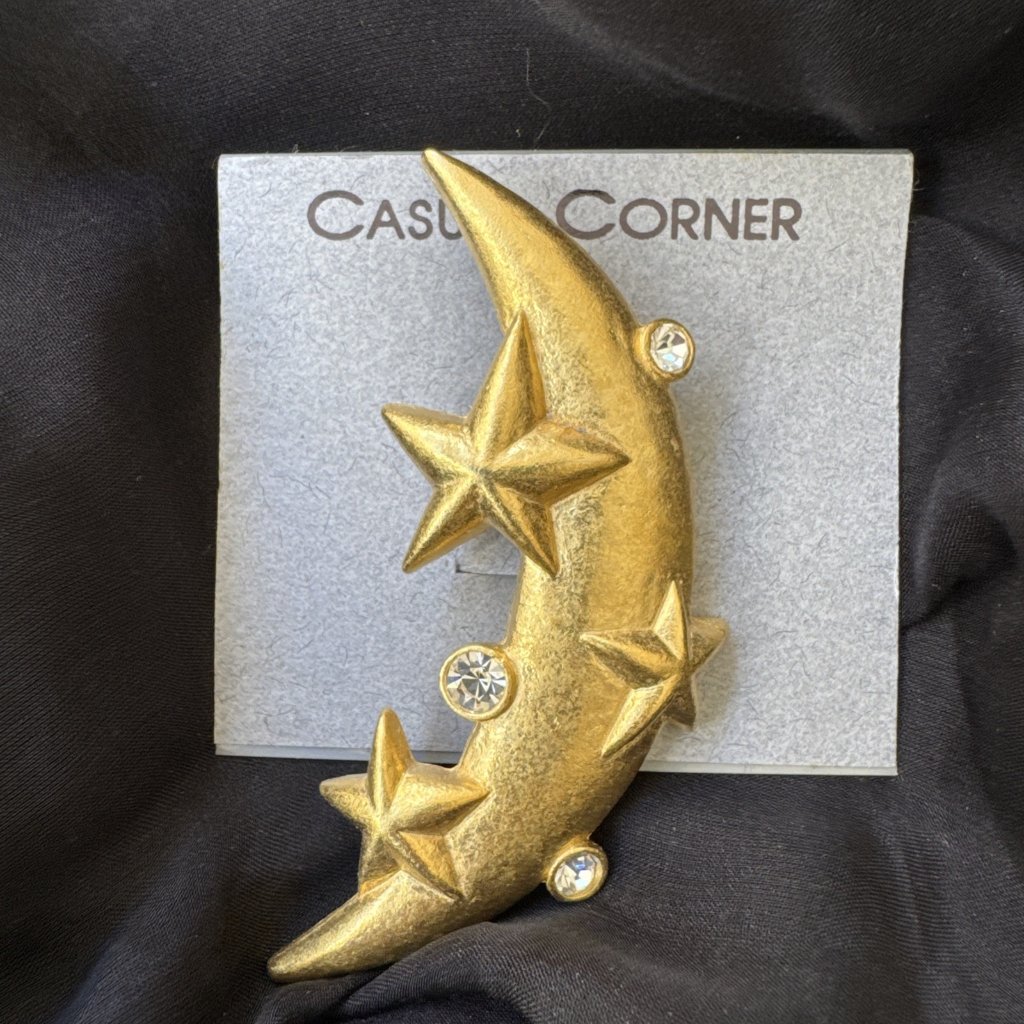 Large Vintage 80s Casual Corner Signed Gold Tone Moon Stars Cz Brooch New 27$